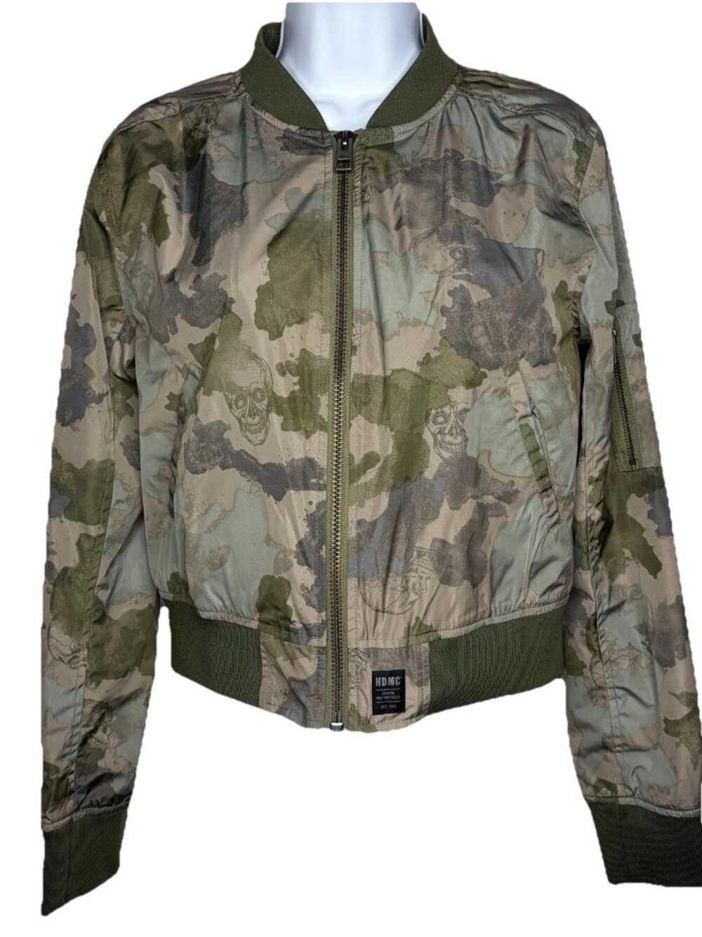 Harley Davidson Crop Satin Bomber Jacket Womens Size M Green Skull Camo